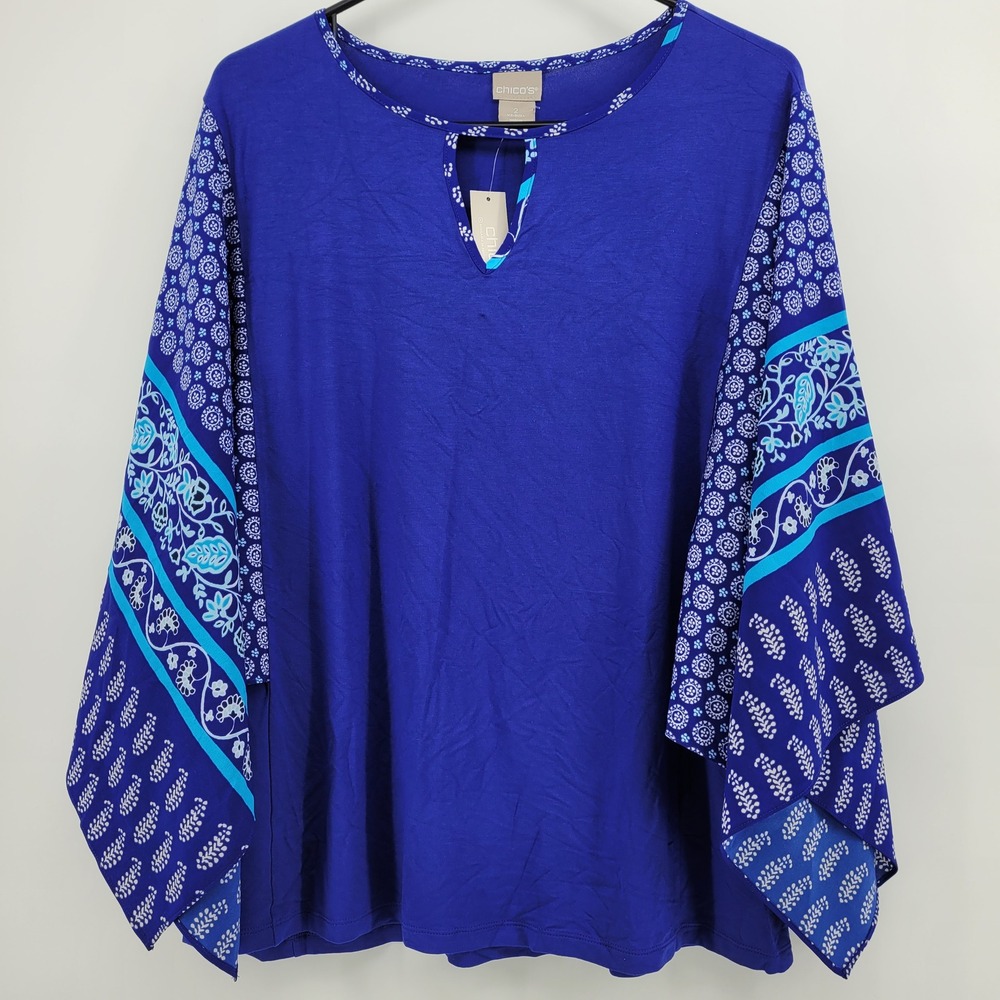 Chicos Regal Blue Boho Peasant Coastal Top Kimono Sleeve Keyhole Size 2 LG NWT - Picture 2 of 12